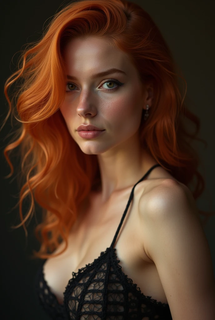 Attractive emerald eyes redhead girl in black dress and black open toe heels