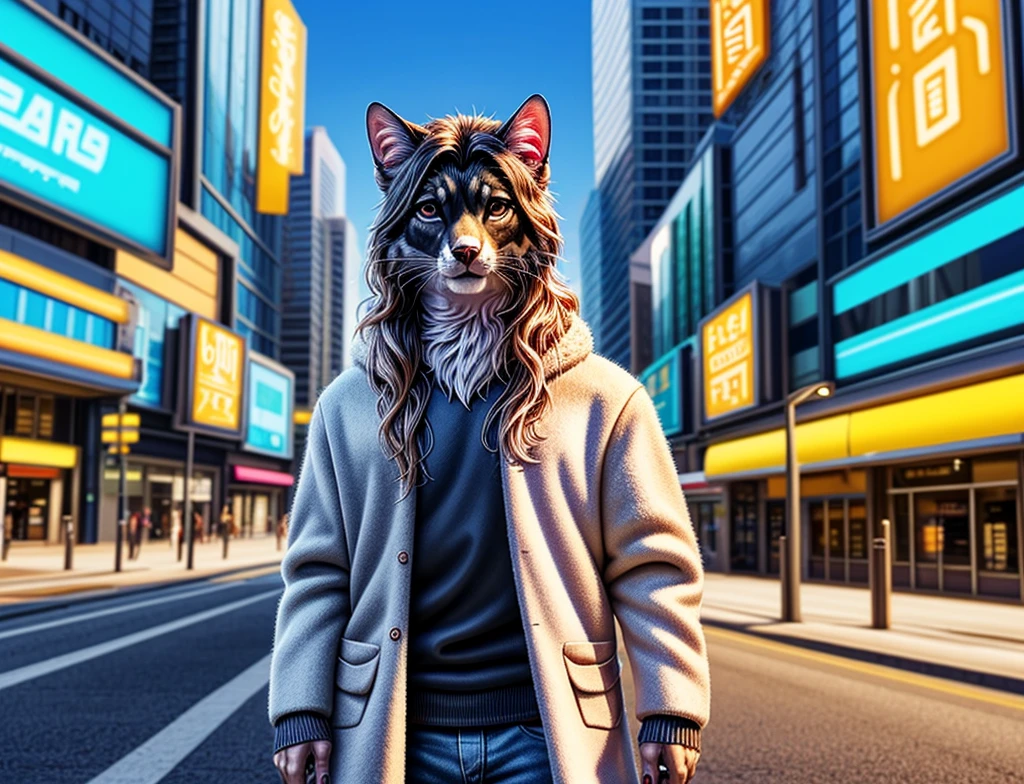 (photorealism:1.2), very beautiful adult anthropomorphic female cat, black skin, black fur, white fur spot in center of face covering 38% of face, white neck, light cyan eyes, brown wavy long hair, light pink lips, black winter coat, closed coat, rough tissue coat, white sweater, jeans, holding futuristic pocket, standing, giant dinosaur stone sculpt behind character, plaza, sci-fi futuristic city, alone