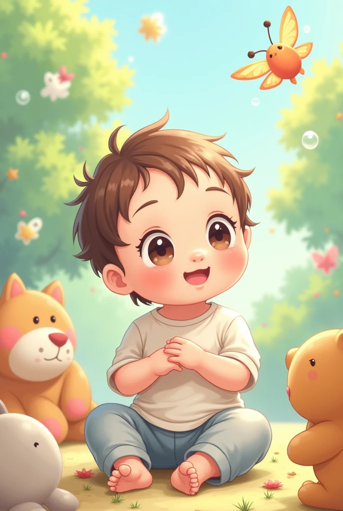 Generate a manga-style baby image, with slanted eyes, like the orientals, with blond hair, wearing a floral print shirt, with some kittens around him.