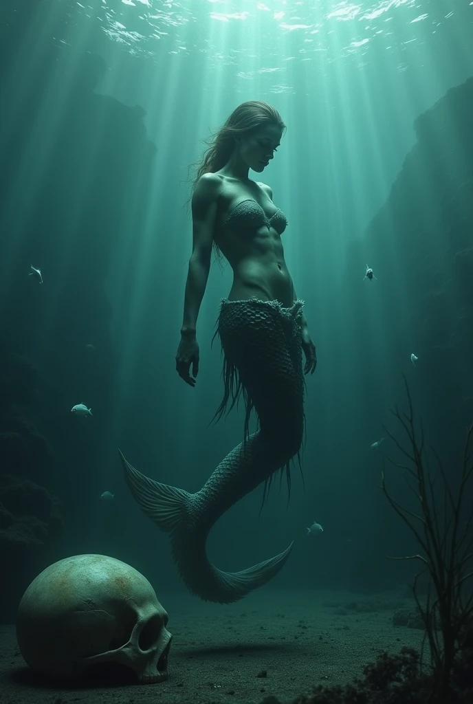 (best quality,4k,8k,highres,masterpiece:1.2), ultra-detailed, photorealistic, a fairy-like mermaid in the midst of transforming into a human, horror style, showcasing anatomical details, high level of detail, portraits, dark and eerie atmosphere, glowing eyes, webbed fingers, scales slowly fading, skeleton structure gradually appearing, slender and graceful figure, long flowing hair, surreal and dreamlike, vibrant colors, intense shadows and highlights, dramatic lighting, murky waters, hauntingly beautiful.