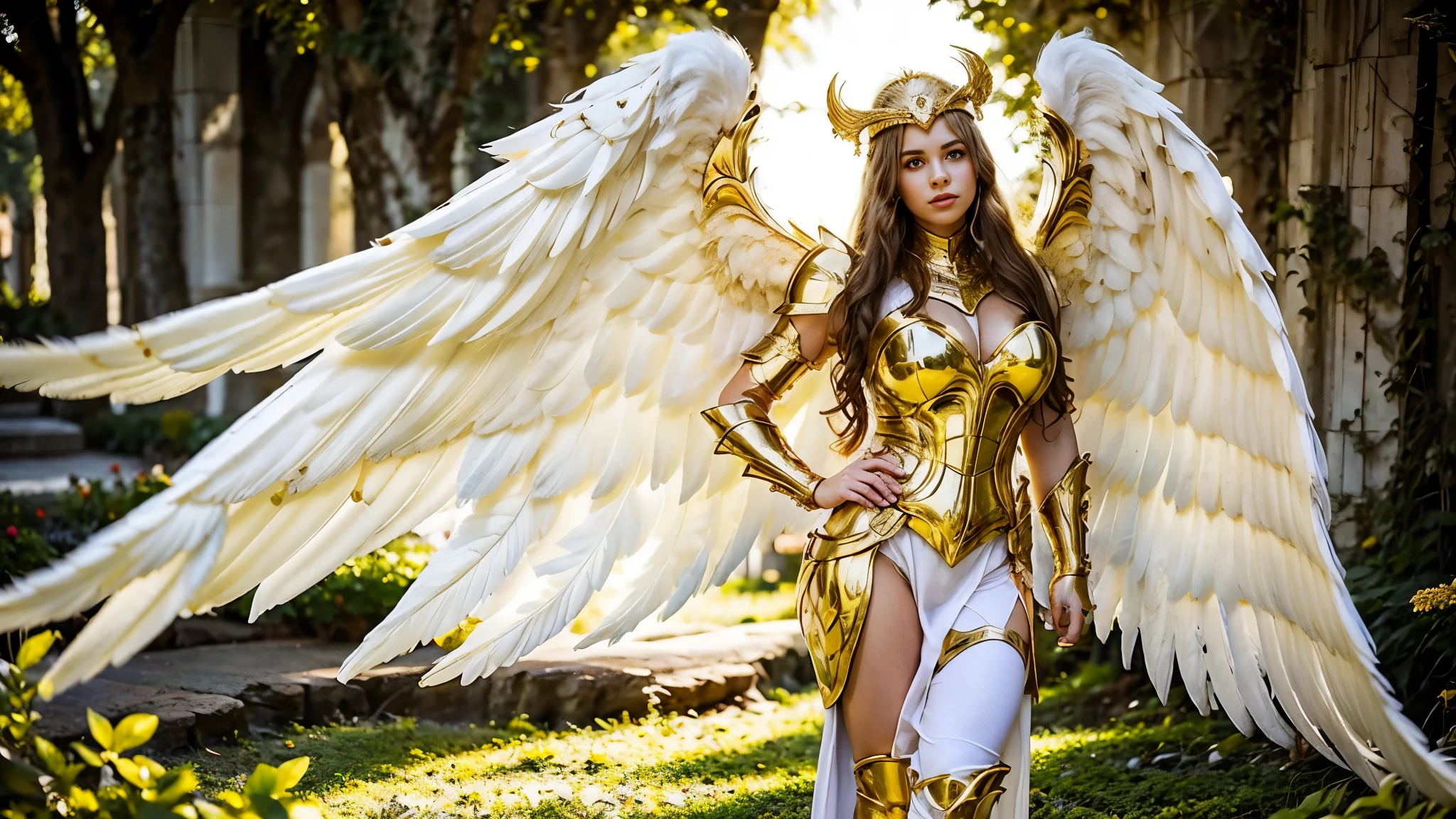 Full body image. Portrait of a beautiful young woman with white wings. Tight golden warrior armor , Big breasts , In the gardens of Olympus