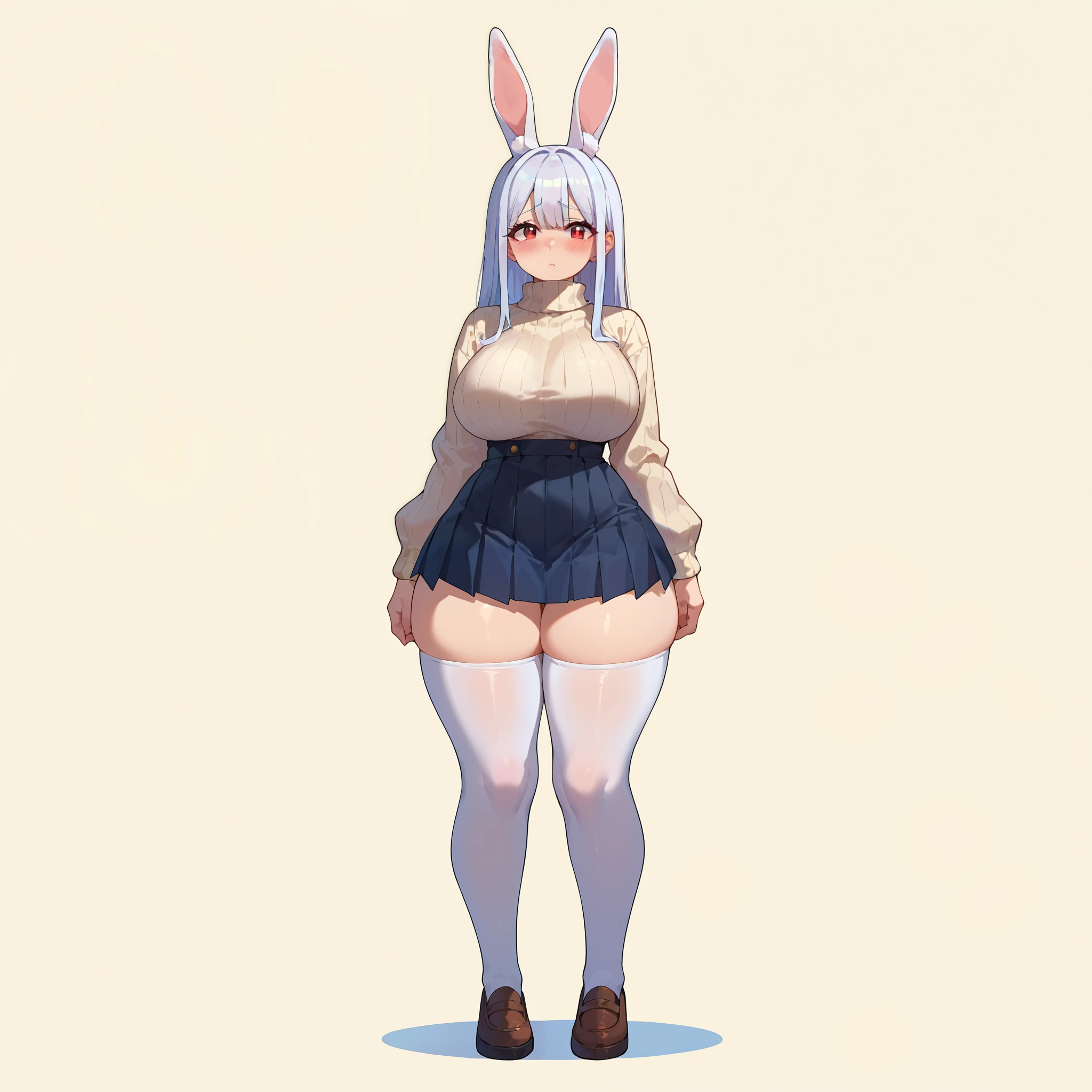 nsfw,1girl,best quality,very aesthetic,absurdres,White hair,(lop-eared,Rabbit headband),looking at viewer,straight on,Curvy,(shiny skin:1),knees,legs