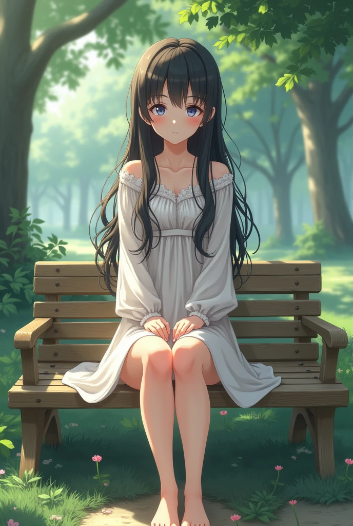 masterpiece, Highest quality, Perfect Face, Highest Resolution, Highest quality,Detailed depiction of the eyes, 8k, 1 girl, young, Black Hair, Long eyelashes, Downcast eyes, barefoot, Perfect Anatomy, ruins