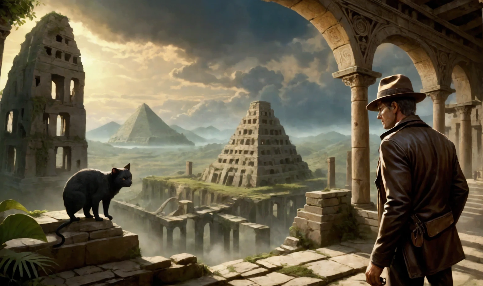 background\((inside ancient city\((futuristic:1.3), ruin,elaborate,mysterious , dark, (supernatural:1.5)\):1.4)\), very realistic portrayal, (dynamic angle:1.4).screenshot of movie, great advertisement poster, (landscape:1.3). focus on ancient city. BREAK .(solo:1.3),1boy,Indiana Jones\(Harrison Ford, movie character, wearing fedora hat, leather whip, black leather jacket, sooty safari shirt, wool pants, British bag, (looking away:1.3),(dynamic action:1.3),holding shining (mystic ancient parts:1.4)\). BREAK .quality\(8k,wallpaper of extremely detailed CG unit, high resolution, top-quality, top-quality real texture skin, hyper realistic, increase the resolution, RAW photos, best quality, highly detailed, the wallpaper, golden ratio, high saturation realism, vibrant colors, dramatic lighting, persuasive storytelling, atmospheric scenery, captivating visuals, intricate details, strong emotions, dreamlike world\),black cat