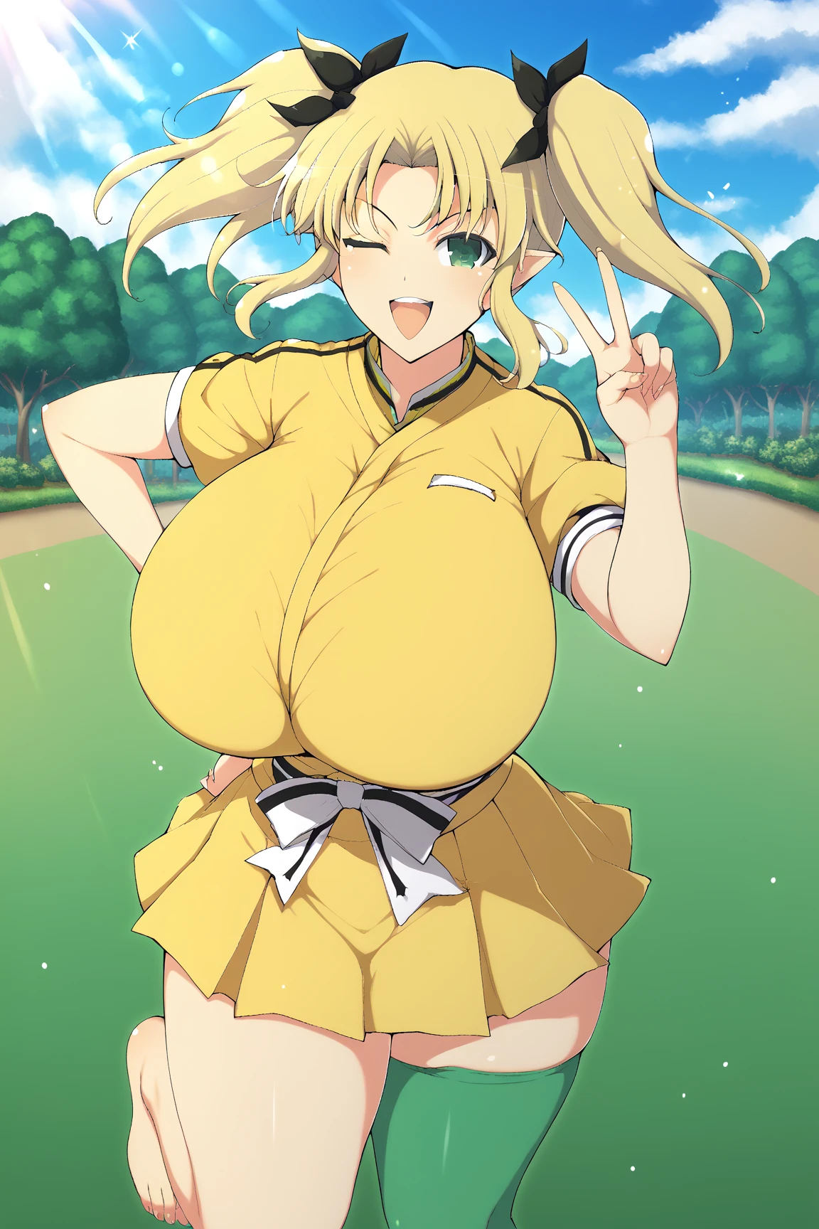 yaegashi nan, senran kagura, senran kagura burst, senran kagura new link,Inazuma 
, ,,  gigantic breasts, gigantic ass, giant thighs, score_9, score_8_up, score_7_up,source_anime,anatomically correct,best perspective BREAK 1girl, arisugawa kinako\(samurai vandalism)\, blonde hair, green eyes, hair ribbon, ribbon, twintails, pointy ears, skirt, ((single thighhigh)), yellow clothes, v over eye, wink, upper teeth only,
