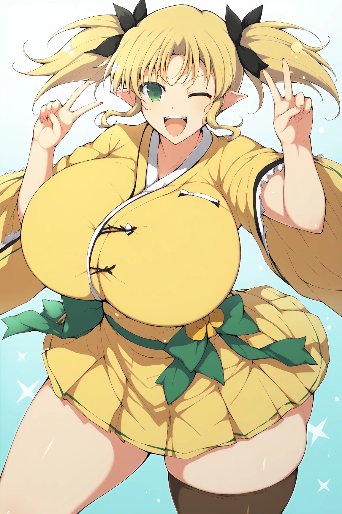 yaegashi nan, senran kagura, senran kagura burst, senran kagura new link,Inazuma 
, ,,  gigantic breasts, gigantic ass, giant thighs, score_9, score_8_up, score_7_up,source_anime,anatomically correct,best perspective BREAK 1girl, arisugawa kinako\(samurai vandalism)\, blonde hair, green eyes, hair ribbon, ribbon, twintails, pointy ears, skirt, ((single thighhigh)), yellow clothes, v over eye, wink, upper teeth only,
