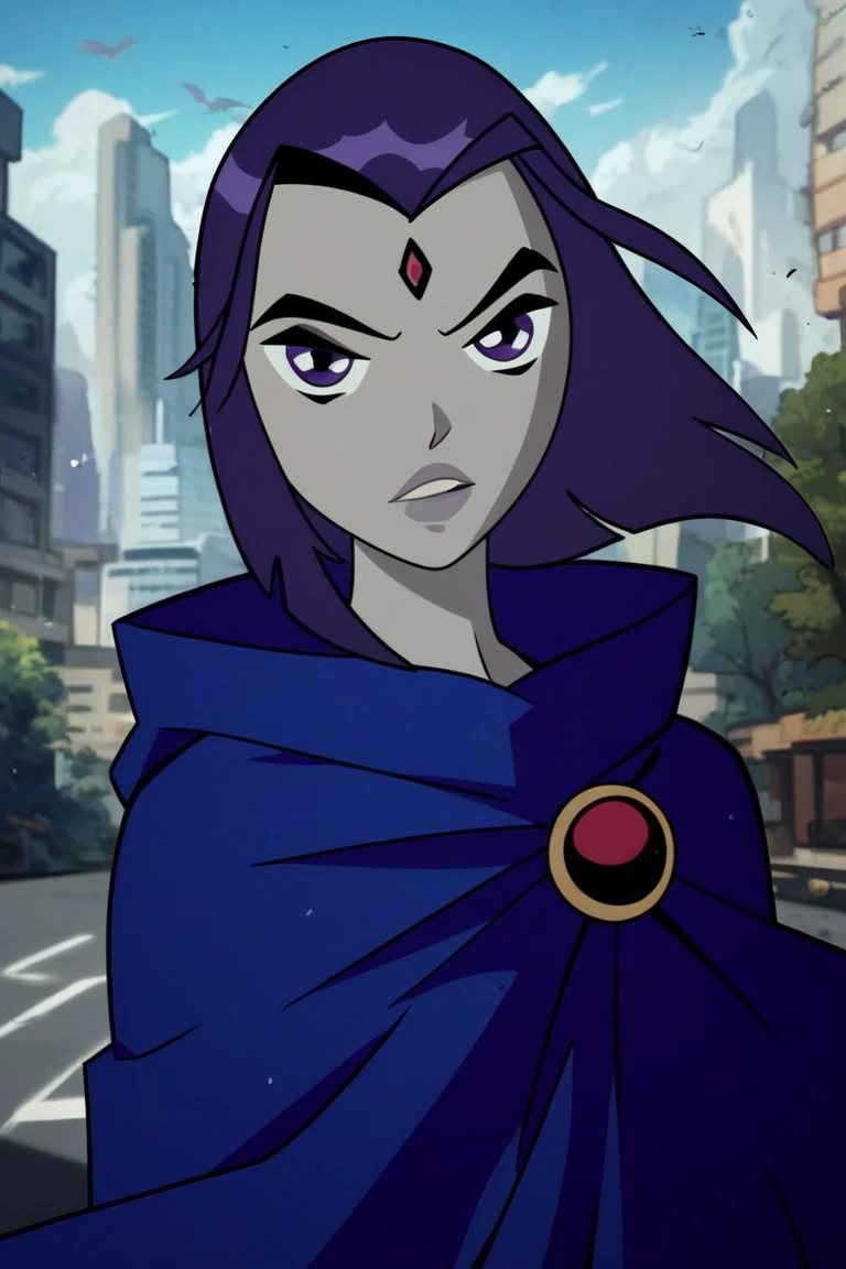 1girl, solo, raven (dc), purple eyes,  purple hair, grey skin, forehead jewel, blue cape covering whole body, long blue cape, wind, night, forest, city, hood covered head, Looking at viewer, High Resolution, Best Quality, Masterpiece, 