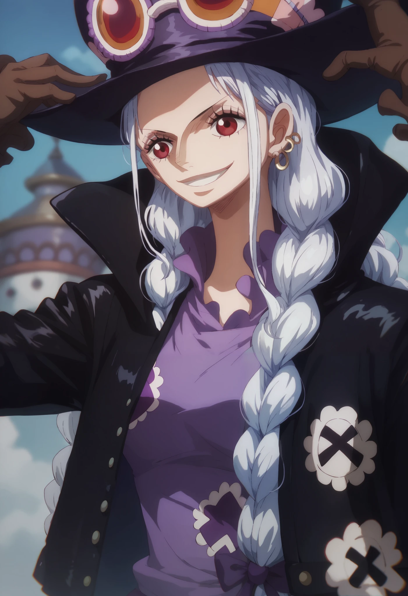 A young girl from one piece, long hair, hat, very dark purple clothes, black jacket , red eyes, silver braids, goth, smile, perfect anatomy 