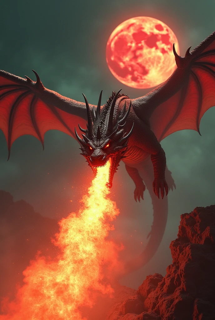 Draw a black dragon with red spines flying at night and spitting a jet of fire and with yellow eyes