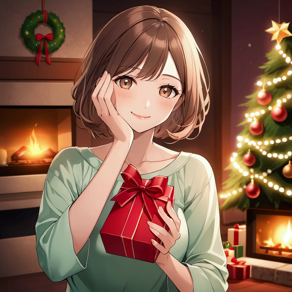 best quality, masterpiece, highres, detailed, digital artwork, <lora:Tools - add_detail:0.2>, HappyChristmas, Christmas tree, christmas lights, christmas cake, happy, indoors, presents on the ground, table, santa hat, strawberry shortcake, <lora:Scene - HappyChristmas:0.6>, scratching head, smile, calm, night, candle light, BREAK open shirt, 1boy, AsakuraYoh, orange headphones, necklace, white shirt, forehead, split bangs, brown hair, brown eyes, green pants, <lora:Character - AsakuraYoh:0.8>, short hair, abs, arms at sides,