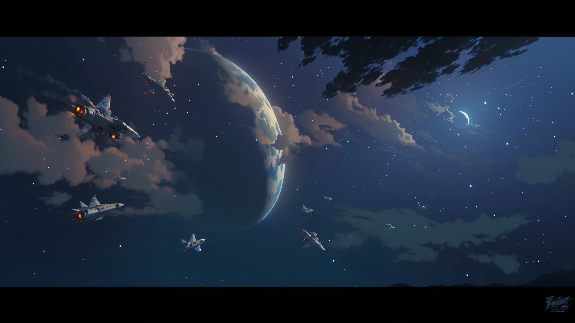 （（（Comic storyboard）), ((Wallpaper))，Two-dimensional picture, Makoto Shinkai animation style，Makoto Shinkai animation film art style，Ultra-wide angle，Spaceships approach a moon, Moon is in the orbit of a planet, ring of the planet is visible, soft lighting, High Contrast, Vivid and bright colors，super-fine，ultra - detailed，high qulity，8K ，oc rendered，dynamic viewing angle，Hyper Real，Ultra photo realsisim