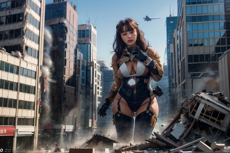 Evangelion girl, big, face and breasts raw, cleavage visible. photorealistic, portfolio, gundam-style metal mecha suit, cyberpunk, metallic, detailed mecha parts, bunch of thin tubes, metal cylinder, detailed neon, fine LED,