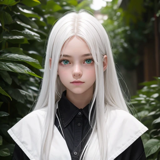 best qualtiy, tmasterpiece, White hair, eBlue eyes,A girl, exteriors, The upper part of the body, Realistis, Floating hair, Snowy, Detailed face,autumnal,Green trees,Sunshine --auto