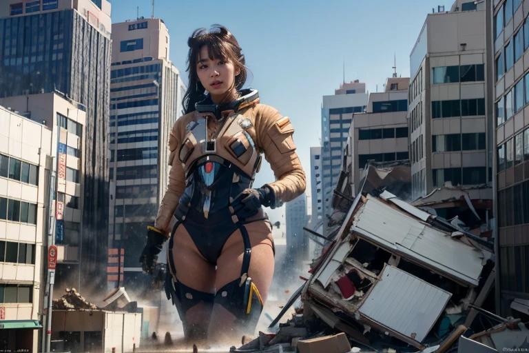 Highest quality,Very sophisticated beautiful Japanese cyborg girl, She spreads her legs and shows her vagina in front of the destroyed city of Kyoto、Mechanical chest、 Bionic body with futuristic details. (A highly sophisticated cyborg with his arms folded in front of a destroyed city, Bionic body with futuristic details.)