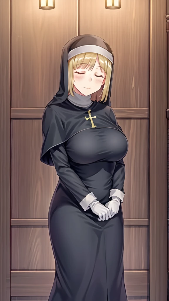 1girl, nun, habit, large breasts, gloves, long sleeves, dress, capelet, black dress, BLOND hair, CLOSED eyes , parted bags, , standing , indoors, curtaind , looking at viewer
