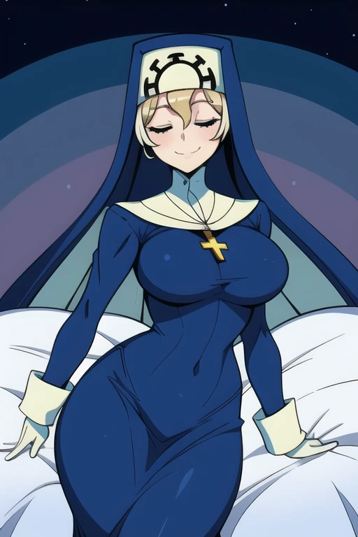 Double, short blonde hair, medium breasts, solo, 1girl, smiling, cowboy shot, closed eyes,
blue habit, cross necklace ,white gloves, long sleeves, nun, long skirt, room, bedroom, standing, sexy pose, cape, cloak, sexy butt