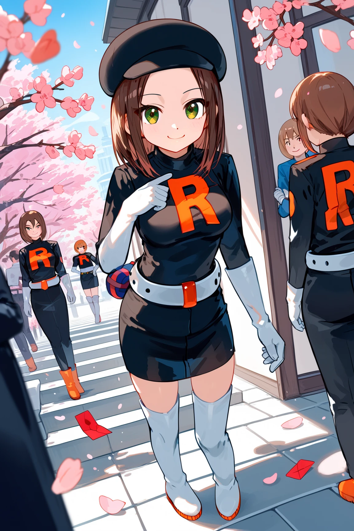 1 girl, full body, kinomoto sakura, brown hair, green eyes, cherry blossoms, smile, cosplay,Team Rocket uniform, Team Rocket uniform, girl, masterpiece, best quality, (illustration), cinematic angle, cosplay, Team Rocket uniform, black jacket, red letter R, black skirt, white thigh-high boots, white elbow gloves, white belt, black beret, staring at the viewer, high quality