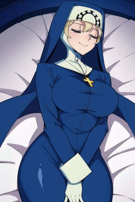 Double, short blonde hair, medium breasts, solo, 1girl, smiling, cowboy shot, closed eyes, 
 blue habit, cross necklace ,white gloves, long sleeves, nun, long skirt, room, bedroom, sexy pose, cape, cloak, sexy breasts, close up breast 