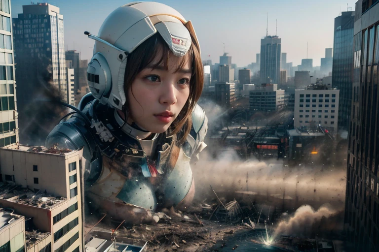(highest quality、4K、High resolution、master piece: 1.2)、Super detailed、real: 1.37、Natural light、Portrait、surreal colors、futuristic style、Crumbling cityscape、Overgrown vegetation、Foggy atmosphere、Contrasting shadows、tattered clothes、A strong and confident gaze、Abandoned Objects、desolation、Destroyed building silhouette、vivid graffiti、Empowering pose、hair fluttering in the wind、Expressive facial features、unforgettable beauty、Dramatic sky、eerie clouds、intricate details、urban decline、post-apocalyptic setting、Ruins in nature 、Majestic Skyline、Desperate struggle、Creepy Presence、Thought of power、強化されたThought of power、intensity of emotions、Tense atmosphere、heroic attitude、intense action、Fearless Determination、Survival from all odds、Dangerous landscapes、Iconic battle、cinematic composition、epic showdown、A moment frozen in time、mysterious aura、fortitude、Women&#39;s Support、strong female protagonist、Fascinating story、Women's power、Fierce determination、Empowering Stories、Behind her is a huge(Invader Mech:1.3)is on fire and on the verge of collapse