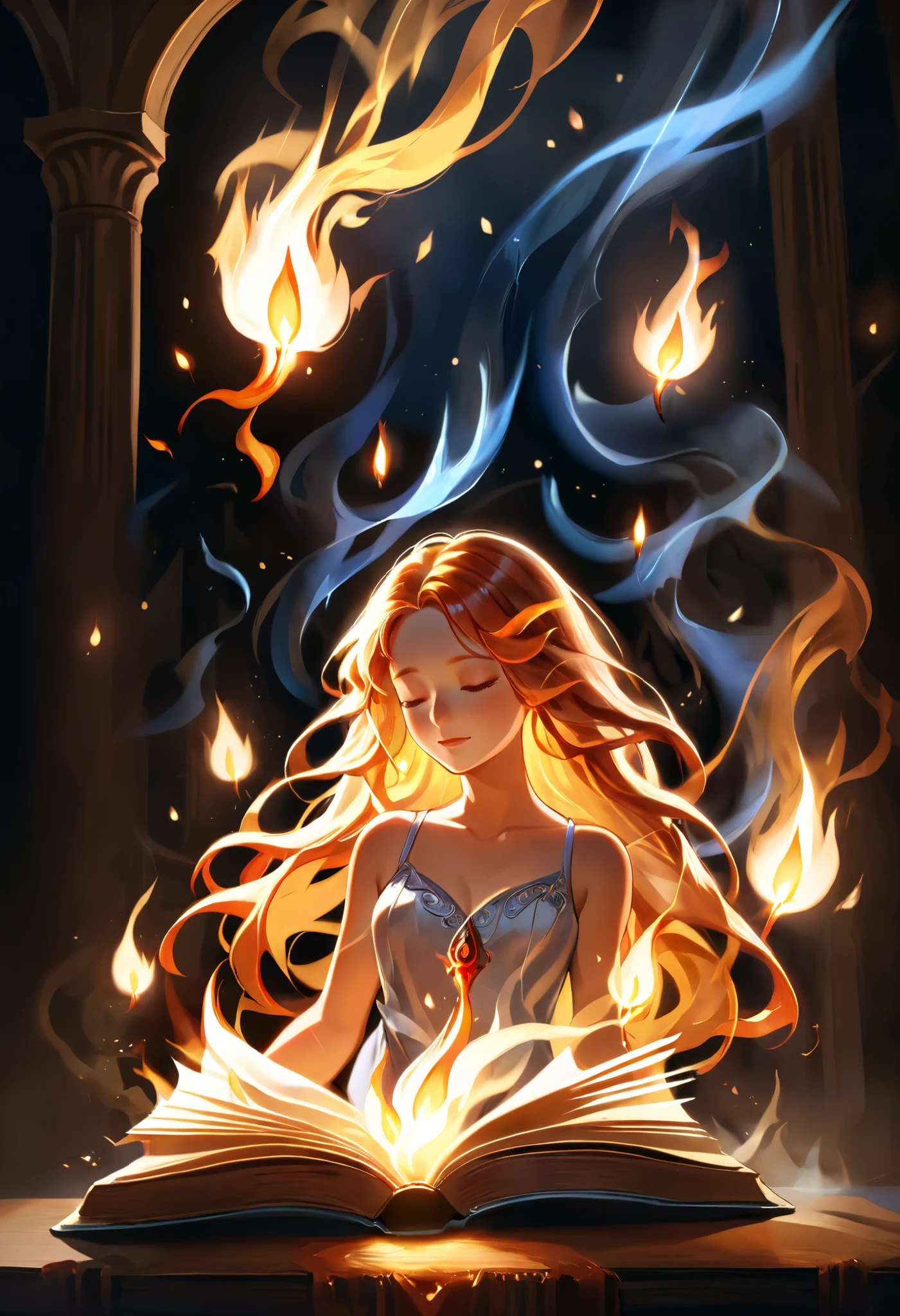 illustration, best quality, intricate details, cinematic lighting, firecd_xl,1girl, closed eyes, long flowing hair, ethereal glow, gentle expression, hands touching small flame, dark mysterious background, floating ancient book, soft warm light illuminating the scene, swirling shadows, magical atmosphere, surreal elements