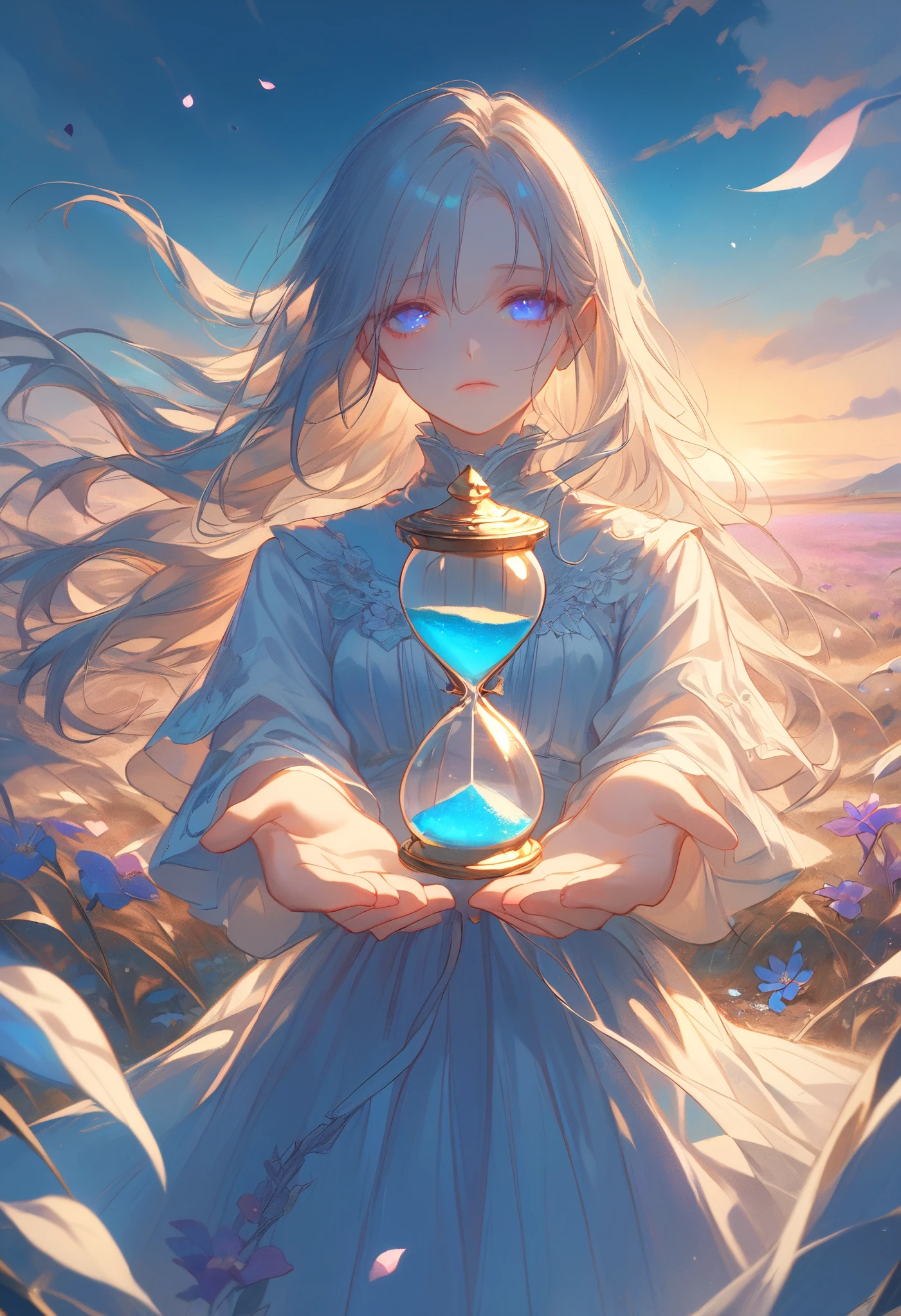 illustration, best quality, highly detailed, cinematic composition, 1girl, flowing hair, melancholy expression, standing in a field of withered flowers, glowing hourglass with shimmering sand, twilight sky, soft sunlight breaking through clouds, petals scattered by the wind, distant blooming flower symbolizing hope, hands reaching out but barely touching, ethereal and timeless atmosphere, cycle of life theme