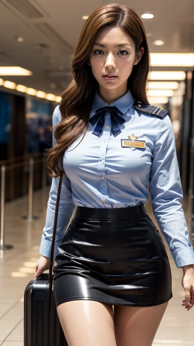 A beautiful, 24-year-old Japanese woman with perfect anatomy, healthy thighs, beautiful legs, beautiful skin, random hair color and style, large breasts, (wearing a flight attendant uniform with a mini-skirt:1.3), full body shot, pumps, carrying a suitcase, at the airport, (best quality,4k,8k,highres,masterpiece:1.3),(extremely detailed:1.2),realistic,photorealistic,photo-realistic:1.37,professional,vivid colors, studio lighting