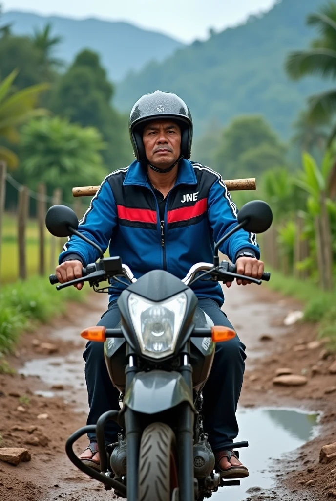 Hyperrealistic photography of an Indonesian online motorcycle taxi driver with an oval face and a slim body wearing a blue jacket with red gradients and black stripes, a classic black helmet and on his jacket there is the word "JNE" in all capital letters on the right side, written in white. riding a black Yamaha NMX 2024 motorbike on a damaged, muddy and potholed village road, the man's left hand holds a bamboo stick on his shoulder, the man looks annoyed. The cool road background is flanked by lush green gardens, rice fields and mountains, waterfalls. Professional photo, high quality, super HD, Very real, very detailed, 32k.
