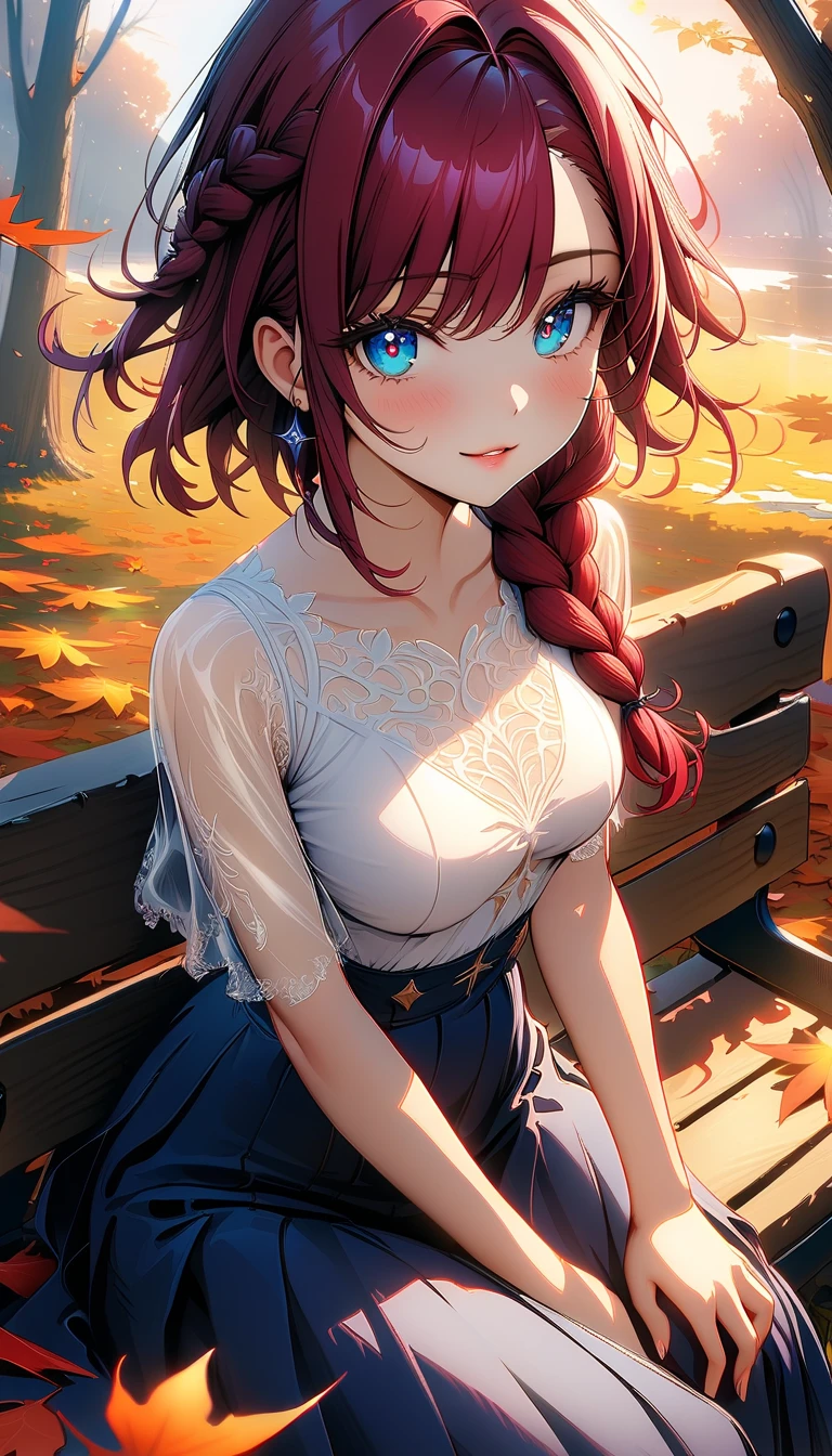 (masterpiece, very aesthetic:1.4), ultra-detailed, best quality, incredibly absurdres, Accurate, cinematic, minimalistic, (lineart:1.2), (soft lighting:1.2),
cowboy shot,
BREAK
1 beautiful girl, 18yo, small face, beautiful detailed face, narrow waist, The beauty and danger of growing from a girl to an adult, A symbol of miraculous beauty, Graceful posture, sensual, bewitching woman, (:0.8),
(burgundy hair, long single braid hair:1.4), short hair, asymmetrical bangs, smooth hair,
BREAK
aqua blue eyes, slant eyes, glass-like eyes are blurry and dreamy, (beautiful detailed eyes:1.3), growing eyes, long delicate eyelashes, Meticulous Eyelash Details,
BREAK
(solid white blouse), round neck, short sleeve, ( sleeve), (navy blue long skirt:1.2),
BREAK
An autumn scene, warm atmospere,
sitting on a bench, surrounded by fallen autumn leaves on the ground,
dawn, sunset, Soft sunlight filters through the branches,
BREAK
gorgeous lips, beautiful detailed lips, Glossy,
light smile, perfect eyes,