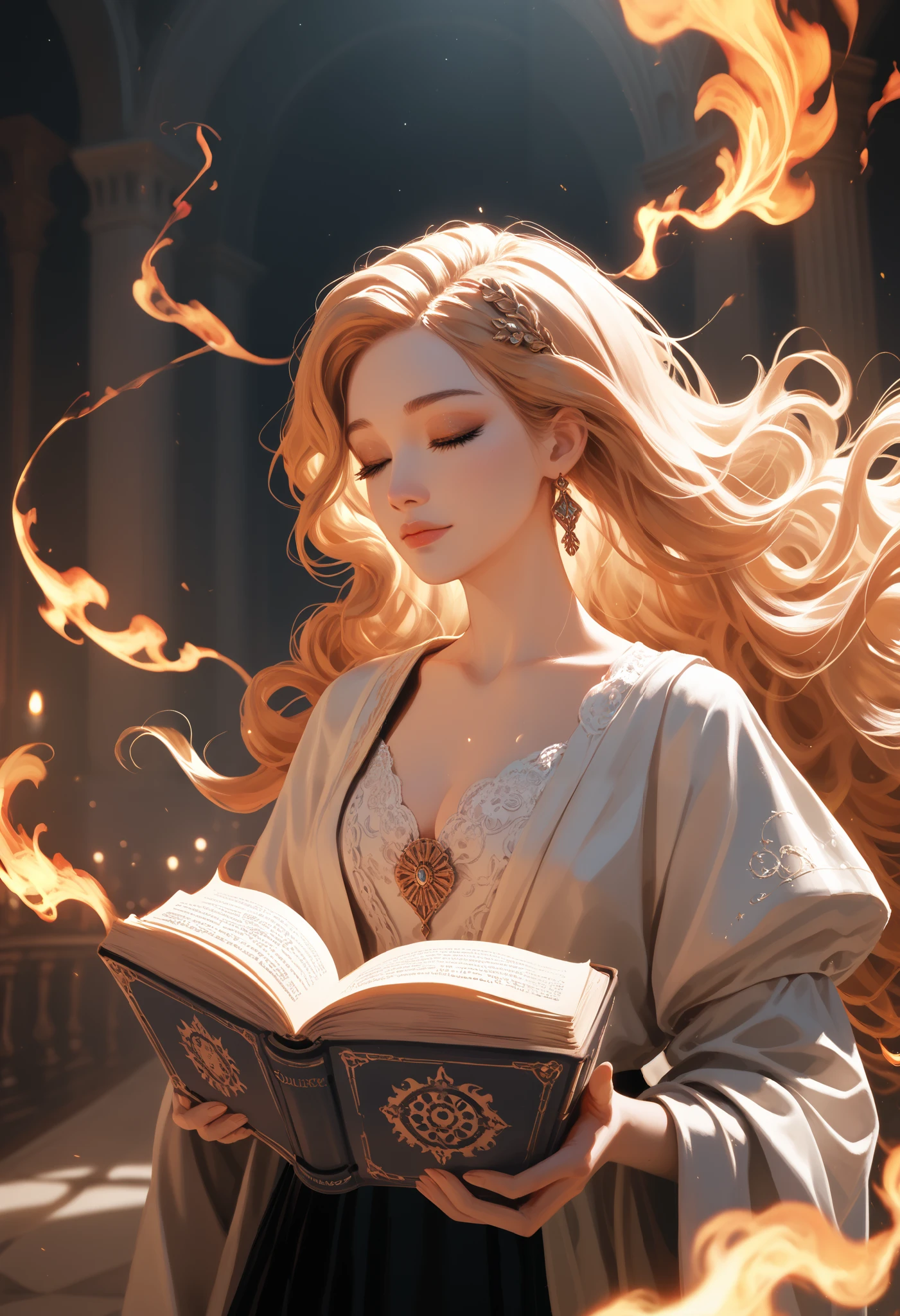 illustration, best quality, intricate details, cinematic lighting, firecd_xl,1girl, closed eyes, long flowing hair, ethereal glow, gentle expression, hands touching small flame, dark mysterious background, floating ancient book, soft warm light illuminating the scene, swirling shadows, magical atmosphere, surreal elements
