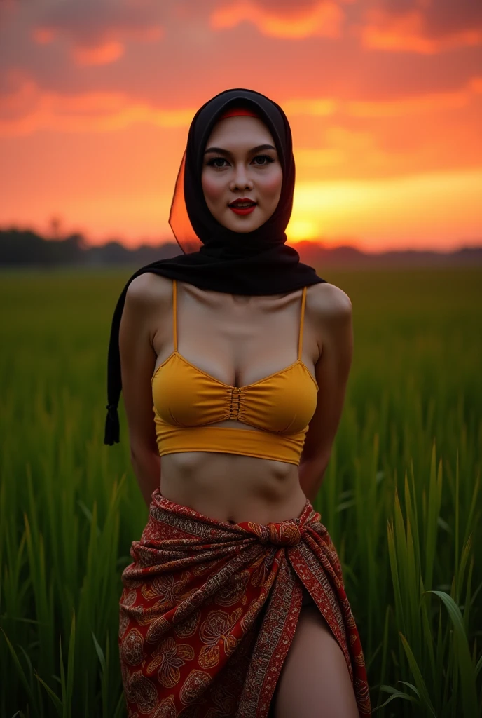 1 javanese girl , yellow flower pattern hijab, shy, medium portrait shot , watery eyes , glowing particles, wear red pastel lingerie, sunlight in afternoon bokeh background, proportional body,