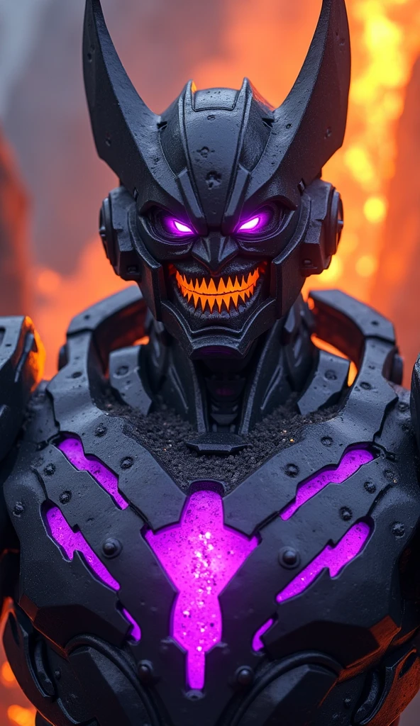 A chainsaw demon posing with its mouth opening threateningly, color mate neon intenso, with hyper realistic details and futuristic details