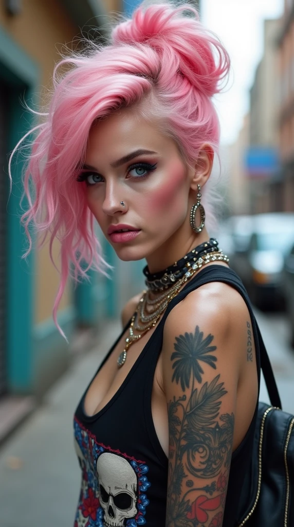 Young adult woman 22 years realistic, sexy with medium tits, modern punk style similar to harley queen, with long blonde and a little pink hair, with a broken heart tattoo full body