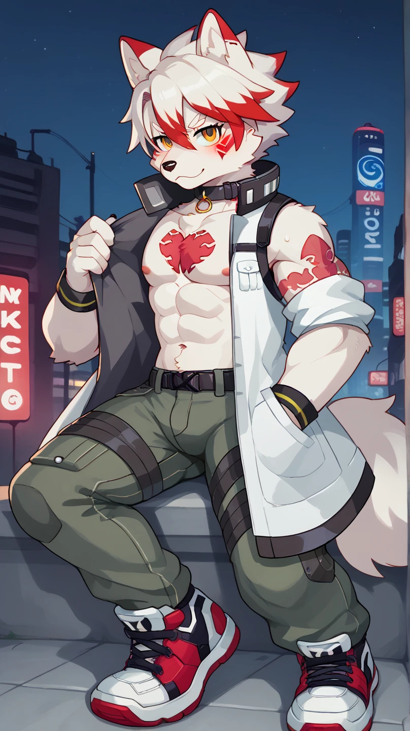male, solo, (high quality, absurd res, 4k, masterpiece), cute, seductive, anatomically correct, brainwashing, hypnosis, hypnotic visor, naked, nude, harness, ahegao, mouth open, tongue out, saliva, on knees, hands behind back, huge canine penis, anal, anal masturbation, anal penetration, animal genitalia, animal penis, dildo, dildo in ass, dildo insertion, dildo sitting, cumming, cum on belly, cum on face, cum on floor, slim body, fluff, front view, red collar, park, looking at viewer, by littleblackalas, muscular, wallpaper, detailed, wolf, two-tone body, highres, (anime style:1.1), anime style, key visual, vibrant, studio anime, highly detailed, (by pache riggs:1.1), (by drmax:1.3), (by milkytiger1145:1.1), (by chunie:0.8), (anime style:1.1), anime style, key visual, vibrant, studio anime, highly detailed, purple theme