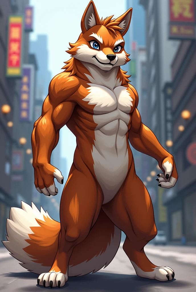 by zackary911, zackary911, (kurama), muscular, fox, antrum, solo, thicc, tight underwear, small underwear, perspective, curved thighs, huge thighs, curving, frontal vision, looking at the viewer with a malicious smile, (tail), no clothes, large bulge in the underwear, orange skin, ultra detailed body, distant, ultra detailed tail, front viewing angle, red eyes, solo, perfectly detailed eyes,  night, moon, orange fur, choking, standing, posing, perfectly detailed clothes, multiple tails