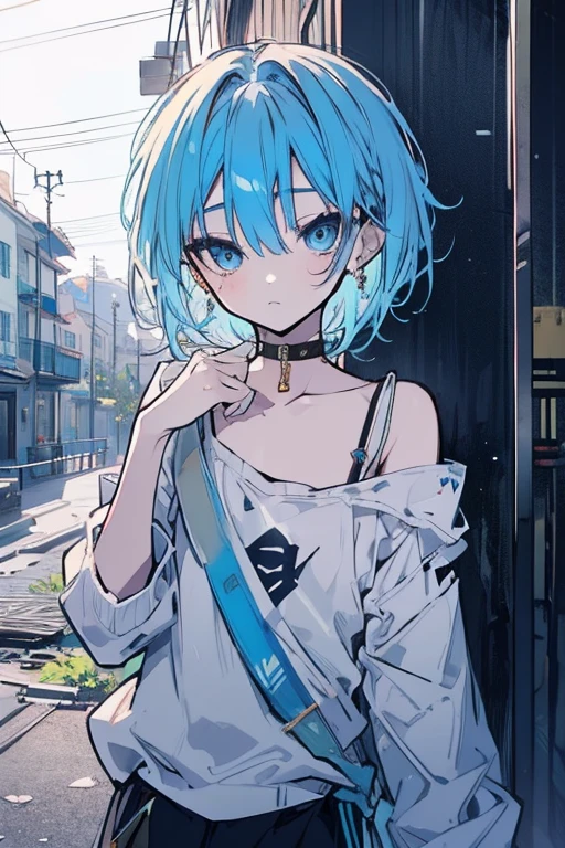 turquoise bob, hairpin, portrait, tsundere, girl, Grumpy, Silver eyes, sleeveless shirt, small breasts, Cardigan