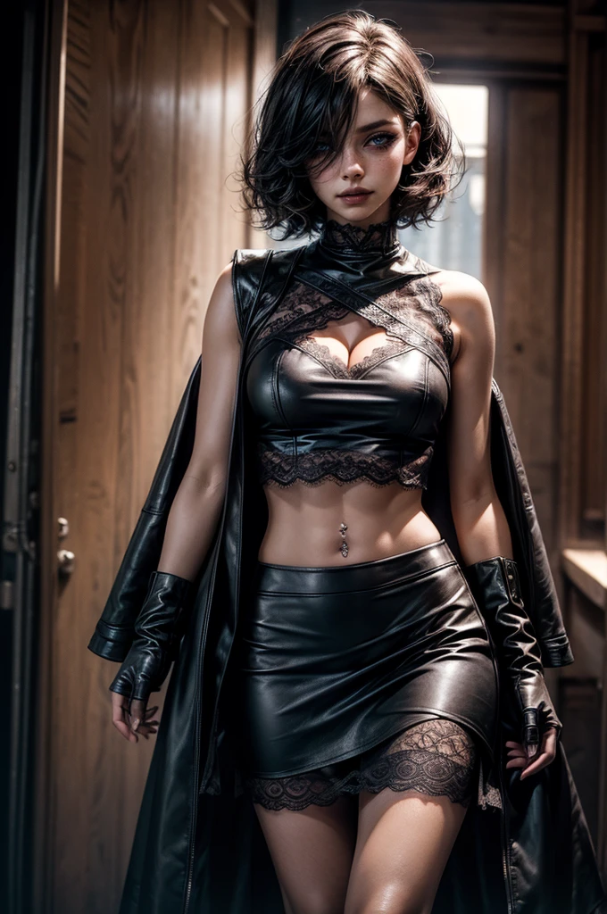 lora_Emma, a girl with short black curly hair, wearing a long multi-layer raffled asymmetric low-leg flared leather skirt, ((white lace top)), wearing open black long leather trench coat with fur cuffs and fur collar, long fingerless leather gloves, detailed facial features, bare belly, (navel piercing), cleavage, black nail polish, hair over one eye, beautiful eyes, cute expression, glamorous makeup, dramatic lighting, photorealistic, highly detailed, 1girl, beautiful detailed eyes, beautiful detailed lips, extremely detailed eyes and face, long eyelashes, high fashion, edgy, dark and moody, intense, cinematic, chiaroscuro lighting, cinematic composition, stunning, mesmerizing, sunlight, dynamic pose, cinematic lighting, photorealistic, 8k, high quality, digital painting, concept art, cowboy shot, standing inside empty home