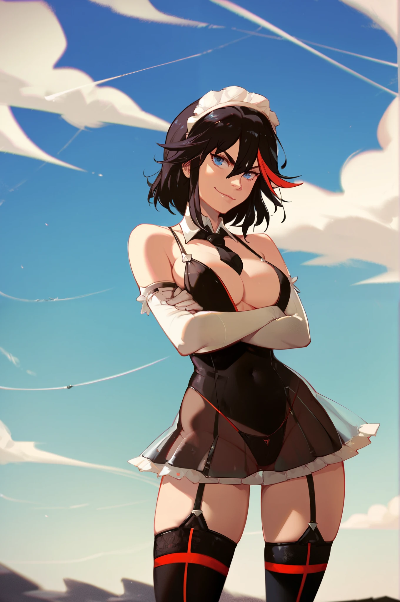 score_9, score_8_up, score_7_up, score_6_up, score_5_up, score_4_up, by sinozick, highly detailed, 4k. matoi_ryuuko, kill_la_kill, 1girl, black_hair, blue_eyes, standing, solo, crossed arms, smirk, nc2b-dress, black dress, detached sleeves, detacher collar, black necktie, black leotard, maid, elbow gloves, white gloves, black thighhighs, plunging neckline, backless dress, frills, panties, see-through skirt,
