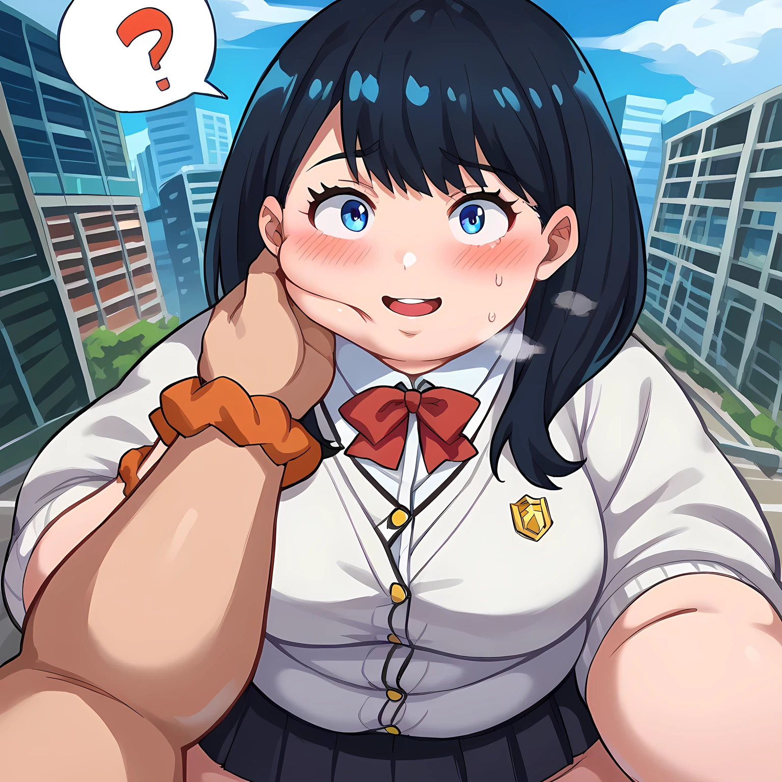 score_9, score_8_up, score_7_up, source_anime,
rikkatakarada, rikka takarada, black hair, blue eyes, long hair, orange scrunchie, scrunchie, wrist scrunchie, smile,
black skirt, bow, bowtie, buttons, cardigan, collared shirt, long sleeves, microskirt, pleated skirt, red bow, red bowtie, red socks, school uniform, skirt, thighs, white cardigan, white shirt,
outdoors, cityscape,
looking at viewer, dutch angle, cowboy shot, swollen face, fat, chubby, obese, open mouth, out of breath, absurdres, highres icon, rating:General, confused, blush, spoken question mark, {flustered}, nervous sweating, portrait, pov hands, hand on another's cheek, averting eyes, [looking away], straight-on, from above,  upper body, masterpiece, best quality, ultra-detailed, high resolution, 8K, absurdres, highres icon,