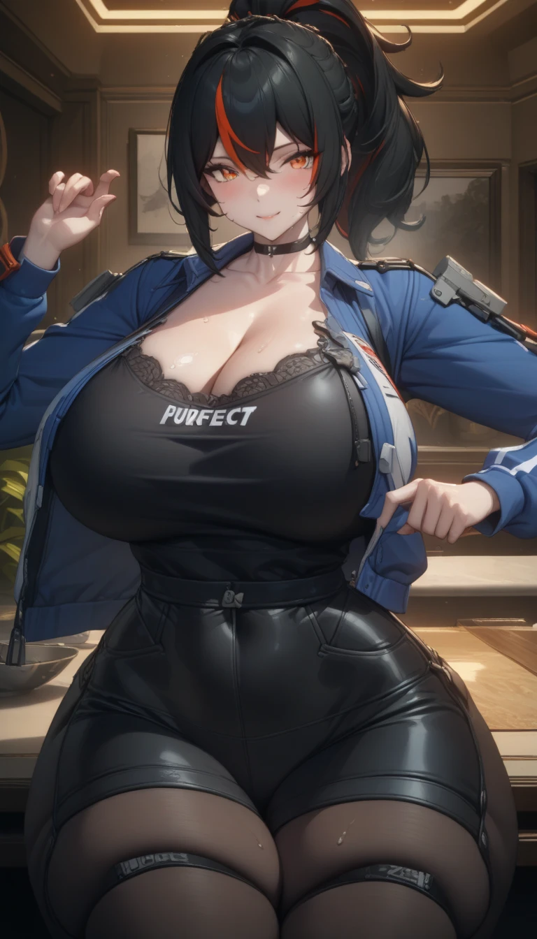 masterpiece,best quality,high resolution,8k,ultra HD,wallpaper,illustration,perfect face,cowboy shot,beautiful detailed eyes,extremely detailed face,perfect lighting,extremely detailed CG,perfect anatomy,perfect body,perfect hands,perfect fingers,1woman,full body,,muscle fighter body,black long ponytail hair,orange eyes,large breasts,Medium ass,,(blue open jacket inner white shirt),black short hot pants,clothed,,collarbone,,looking at viewer,(sexy look pose),Steam,sweat,rich home,(Zenless Zone Zero character Zhu Yuan),adult,,,,,masterpiece, detailed, high quality, absurd, pale skin, blush, big breasts, curves, groin, babydoll, transparent, perverted face, big thighs, strong breasts, ((masterpiece)), ((best quality)), ( detailed), perfect woman, lonely, beautiful, delicious lips, long hair, big breasts, deep cleavage, big breasts, (((sweatshirt breasts)),,,,,,,,,,,,,,,,, venus body, 1 girl, solo, big breasts, hips, wide hips, thick thighs, high thighs, smile, blush, choker, big breasts , (((hoodie with breasts)), big thighs, masterpiece, detailed face,,,sitting