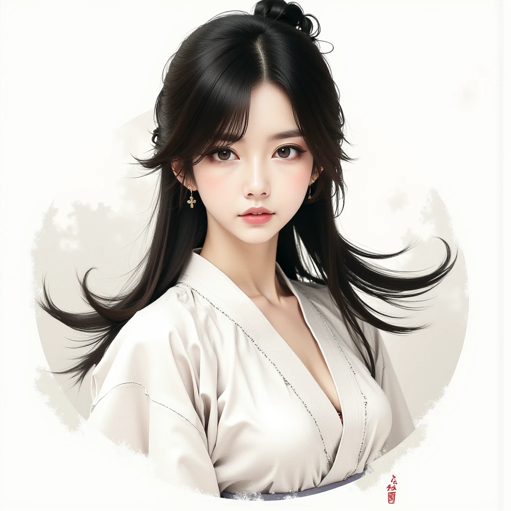 a black-haired，Bust of a asian woman with black eyes，The expression is serious，Attack action，dynamic compositions，low head，Hanfu，Manteau blanc，Cold eyes，Loose long hair，（Ink blending ）Belle peinture de personnage，Costume black and white ink style，The face is detailed and colorful，aquarelle，Pale，Martial arts style,A delicate and beautiful face，Waist seal，motion-blur in smi-e style,