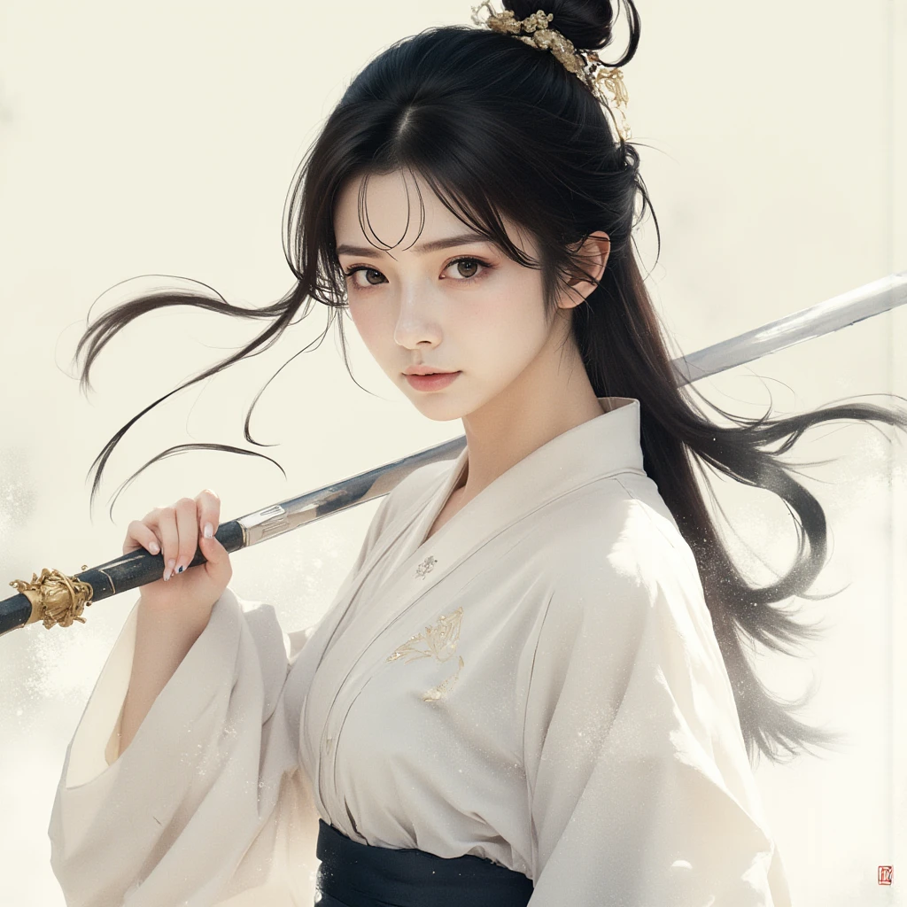 a black-haired，Bust of a asian woman with black eyes，The expression is serious，Attack action，dynamic compositions，low head，Hanfu，Manteau blanc，Cold eyes，Loose long hair，（Ink blending ）Belle peinture de personnage，Costume black and white ink style，The face is detailed and colorful，aquarelle，Pale，Martial arts style,A delicate and beautiful face，Waist seal，motion-blur in smi-e style,