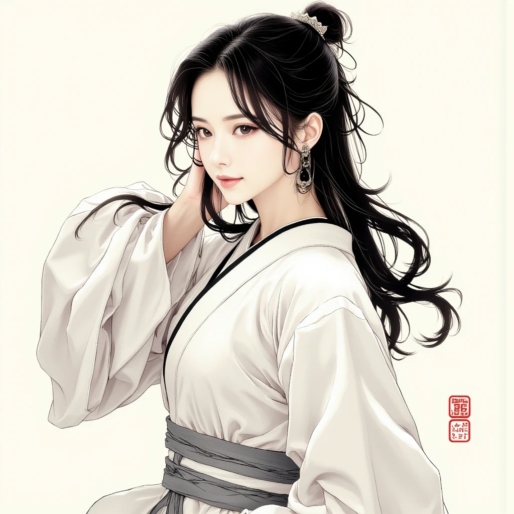 a black-haired，Bust of a asian woman with black eyes，The expression is serious，Attack action，dynamic compositions，low head，Hanfu，Manteau blanc，Cold eyes，Loose long hair，（Ink blending ）Belle peinture de personnage，Costume black and white ink style，The face is detailed and colorful，aquarelle，Pale，Martial arts style,A delicate and beautiful face，Waist seal，motion-blur in smi-e style,