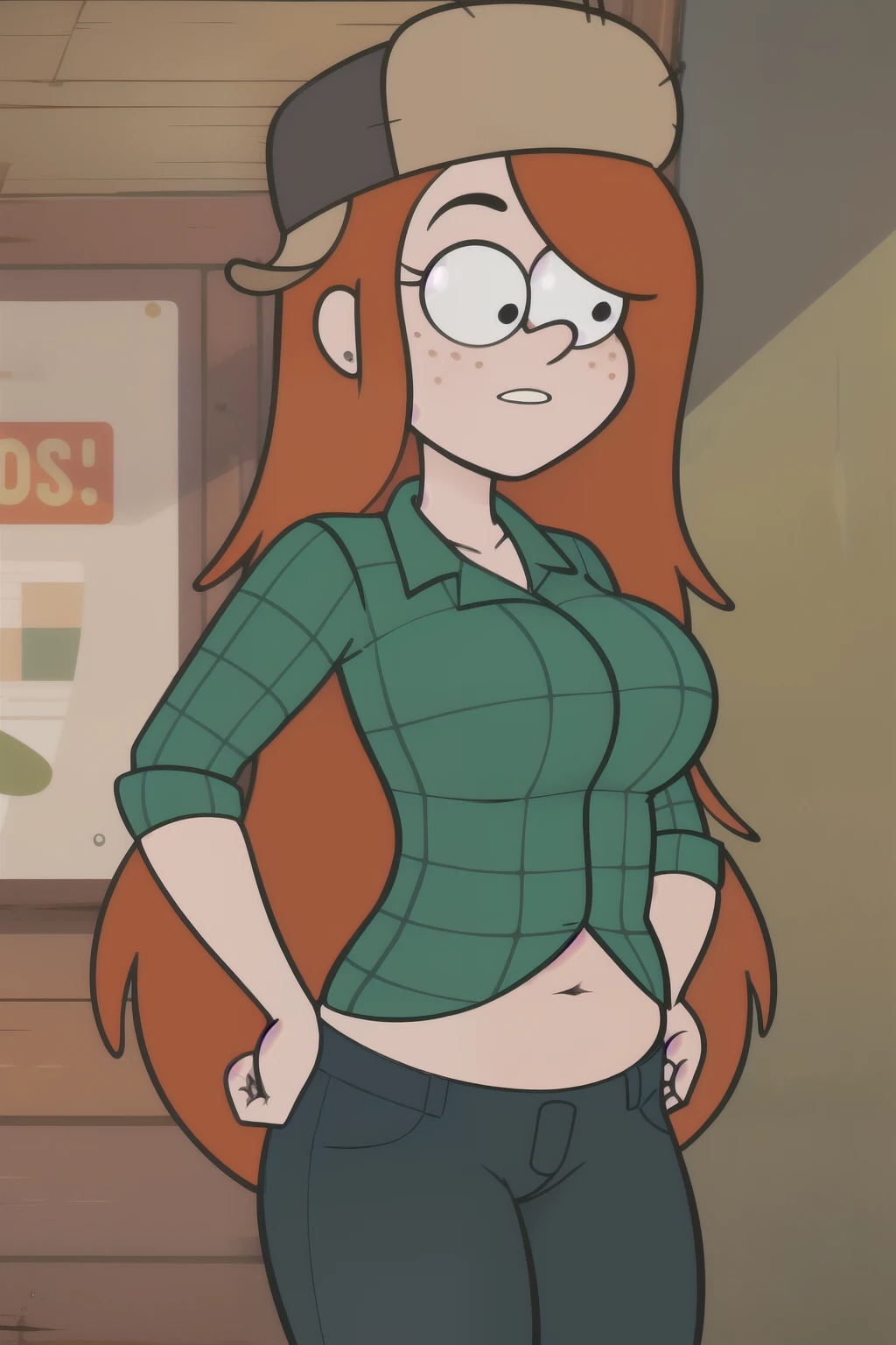 daria, 1girl, solo, green jacket, brown shirt, glasses, outdoors, full body, black skirt, black boots, lifting shirt off, showing breasts nsfw, , from below, standing, upper body, navel, outdoors, neighborhood, morning, cartoon