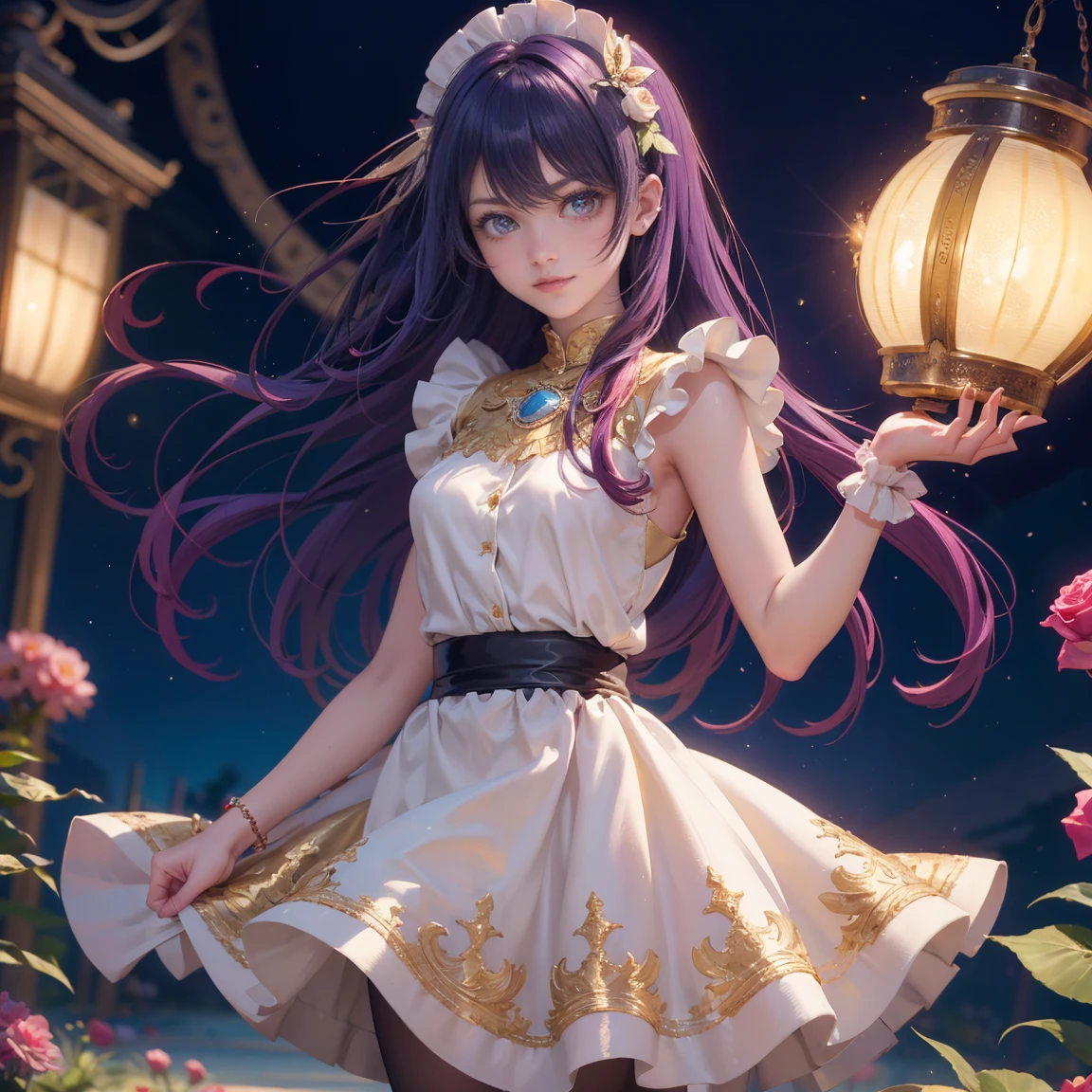 （1 Girl: 0.6) Ai Hoshino, girl with long hair and purple dress holding a magic wand, purple albedo, anime moe art style, (movie quality: 0.3), anime girl, singer, purple eyes, magical girl, zero sauce art, magical girl anime real hou shoujo, white shirt, purple long hair, (bare legs), (stars), (delicate facial features: 0.6), head decoration, (delicate hands: 0.9), white dress, (big eyes: 0.5), singing, smiling, stage lighting, standing, high heels