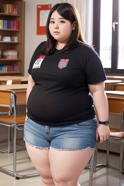 a 15 year old obese girl, chubby cheeks, round face, double chin, thick arms and legs, wearing a , standing in a school setting, realistic, detailed, highly detailed, intricate details, photorealistic, 8k, masterpiece, cinematic lighting, dramatic shadows, vibrant colors