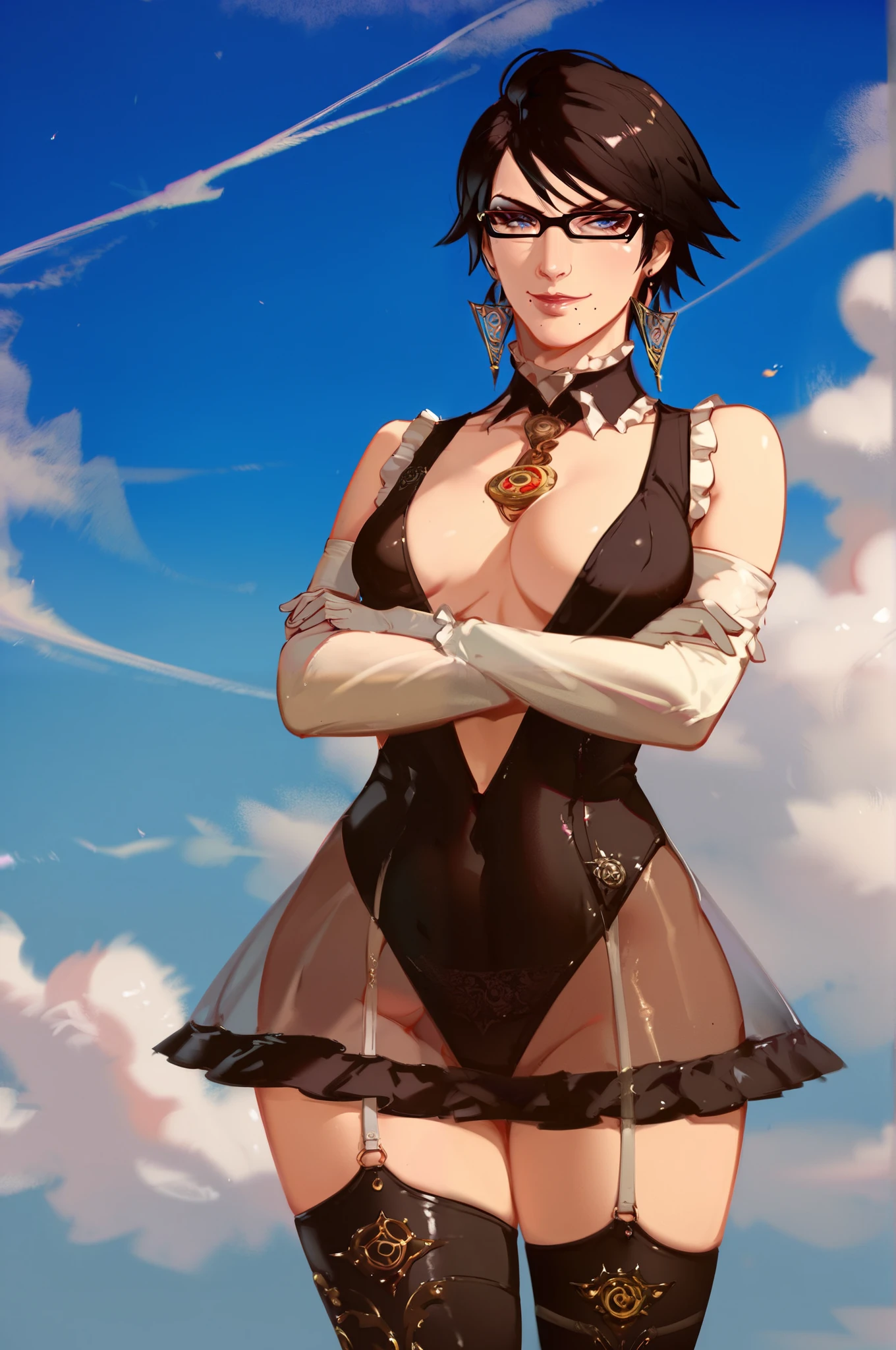 score_9, score_8_up, score_7_up, score_6_up, score_5_up, score_4_up, highly detailed, 4k. bayonetta, bayonetta_(series), 1girl, black_hair, blue_eyes, standing, solo, crossed arms, smirk, nc2b-dress, black dress, detached sleeves, detacher collar, black necktie, black leotard, maid, elbow gloves, white gloves, black thighhighs, plunging neckline, backless dress, frills, panties, see-through skirt,
