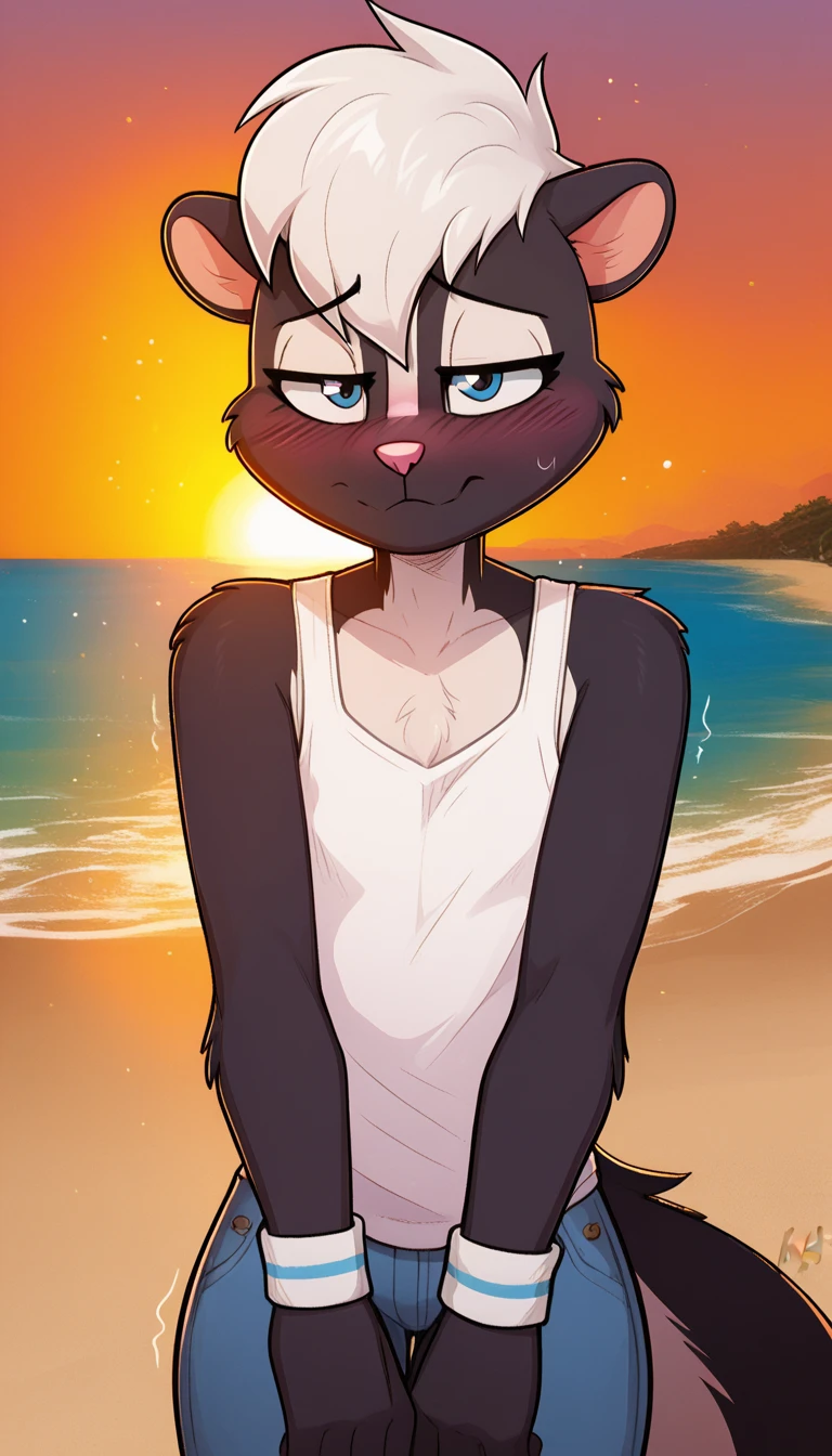 masterpiece, best quality, nervous expression, male, anthro, furry, black fur, fluffy fur, skunk boy, furry, skunk ears, animal nose, cute eyes, blue eyes, skunk tail, white hair, short hair, (white hair), solo, (beach), sunset, detailed, white tank top, blue jeans, shy, head tilt, adult (19 years), flat chest, thick thighs, white wristband, half-closed eyes, blush, looking at the viewer, trembling, standing, (kilinah), light particles, score_9, score_8_up, score_7_up, score_6_up, score_5_up, score_4_up