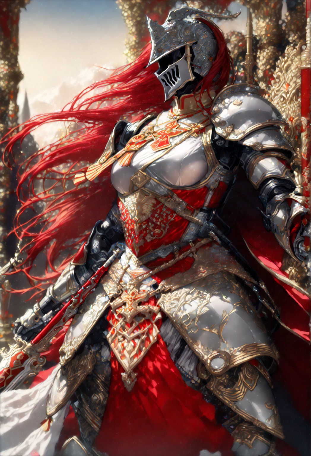 (( top quality )),( ultra high resolution ),( Exquisite Detail ),( Detailed Details ),((Best CG)),( masterpieces ), Super Precision Art , Amazing Drawing Art ,( Fine Art Details :1.5), ( Single Female Knight :1.8),(HIGH-END CEREMONIAL ARMOR WITH EXQUISITE DETAILS:1.5,Ruby Red:1.3),(Ceremonial weapons manufactured using the  top quality  technology:1.8)