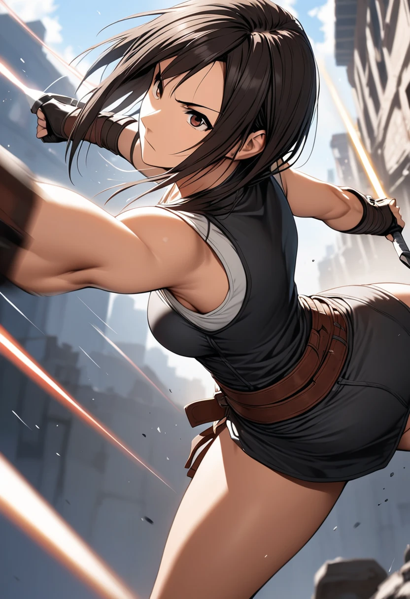 solo,tifa taking fighting stance,dynamic pose, dynamic action, dynamic angle,limit break