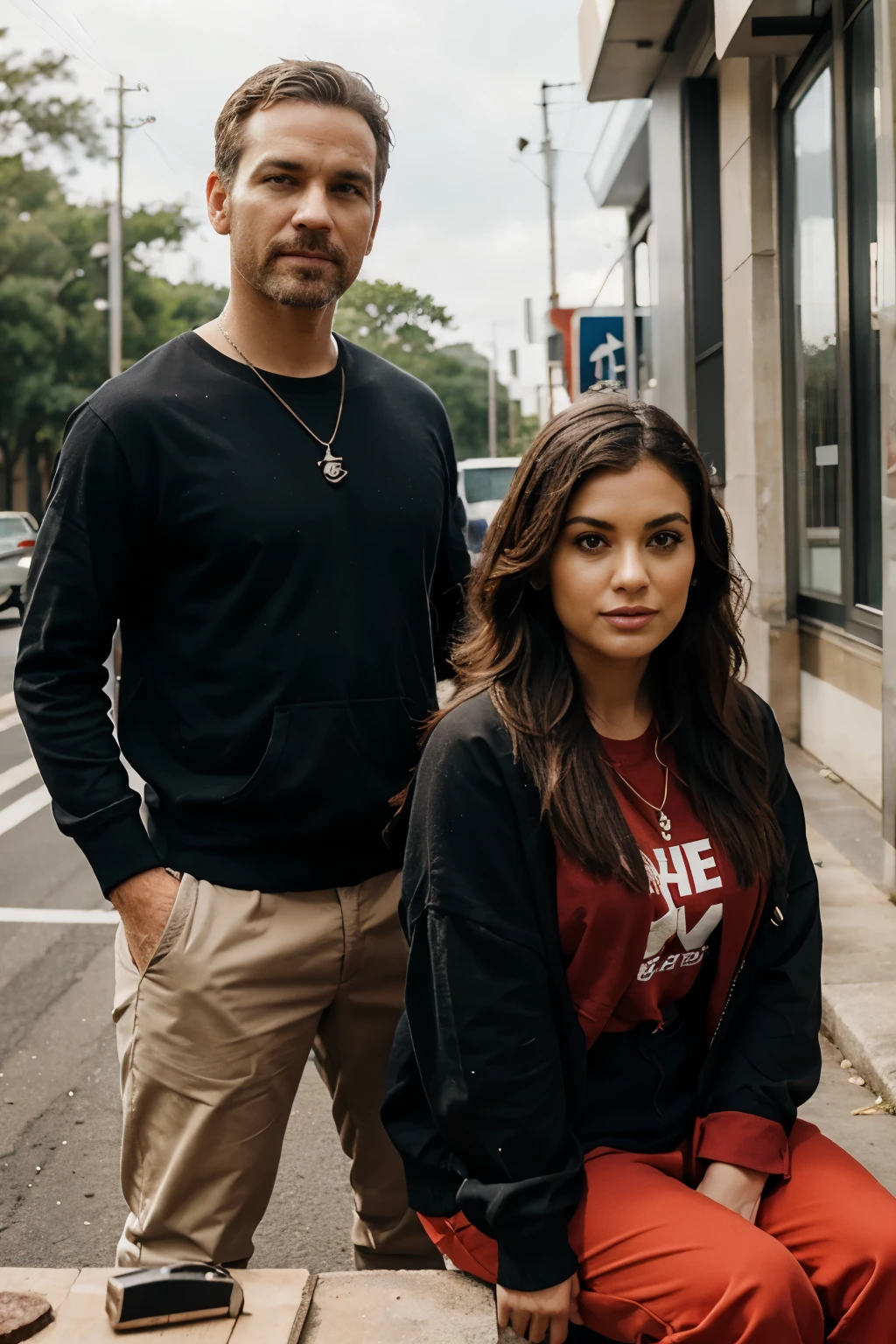 (Masterpiece, best picture quality, master work),street style,girl And boy| Mexican,couple,heavy makeup,(West Coast style clothing),street,dirty streets,graffiti walls,strong contrast of light and shade,incredible composition,takei film,